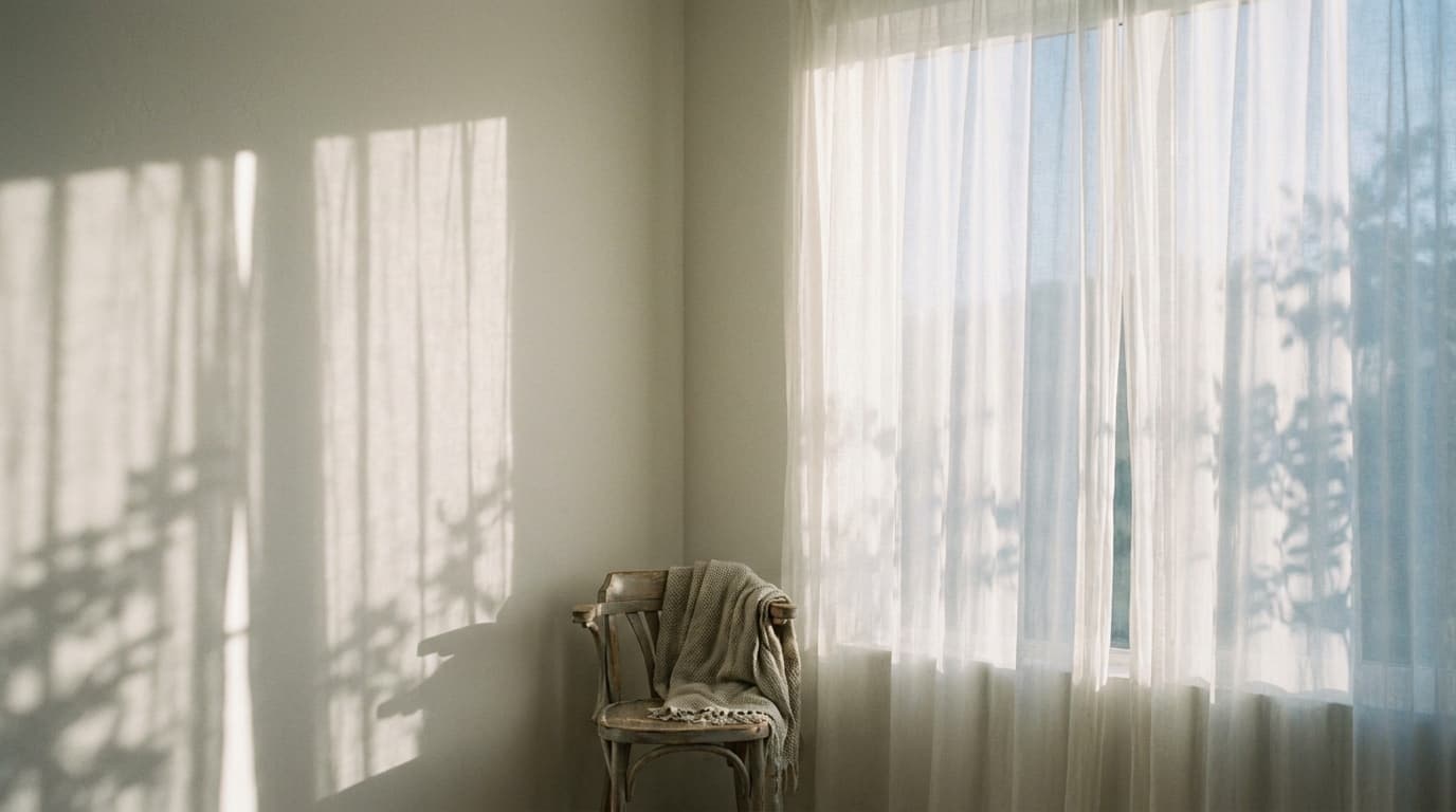 A quiet sunlit corner with linen curtains